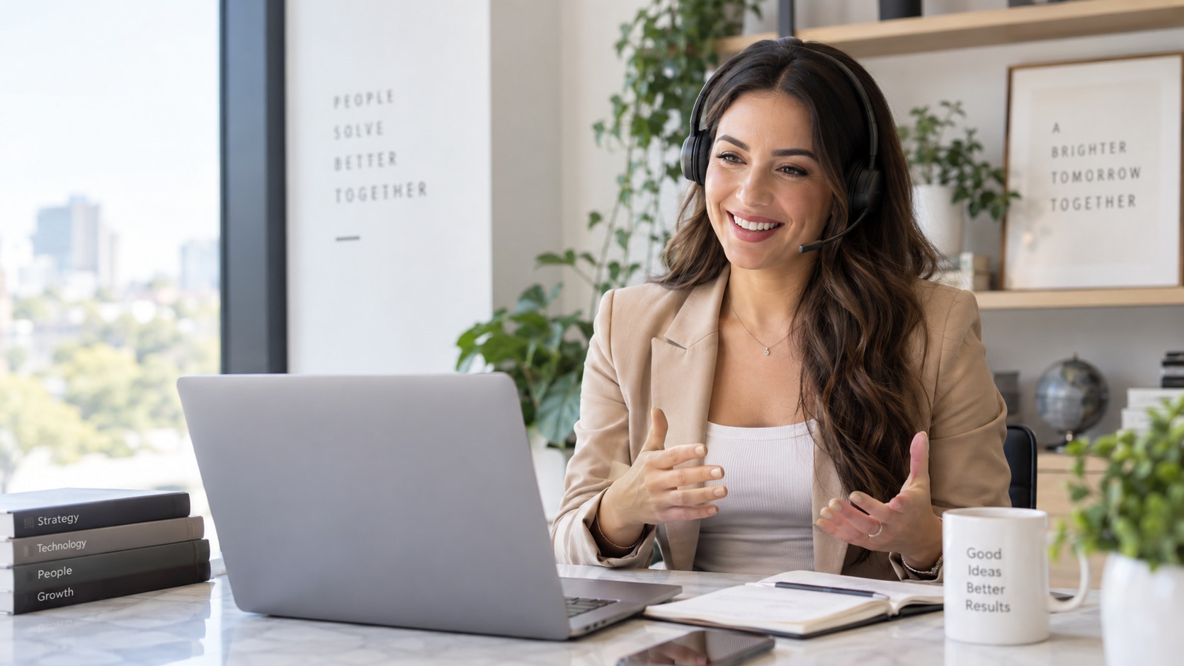 A female TalkSoon Labs consultant wearing a headset at her desk, mid-conversation on a client call